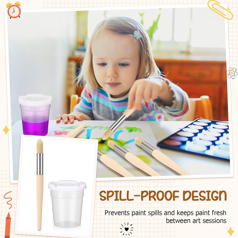 Sinload 6 Set Watercolor Paint Brushes and Paint Cups with Lids for Kid Toddler Baby Jumbo Brushes with Chubby Wood Handles Easy to Grip Paintbrushes Non Toxic Vegan Bristles for Craft Painting Art - Image 3